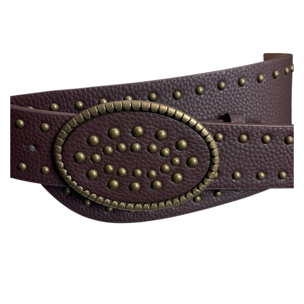 Faux Leather Studded Belt- Boho Western-Antique Brass Medallion Buckle-Brown-L